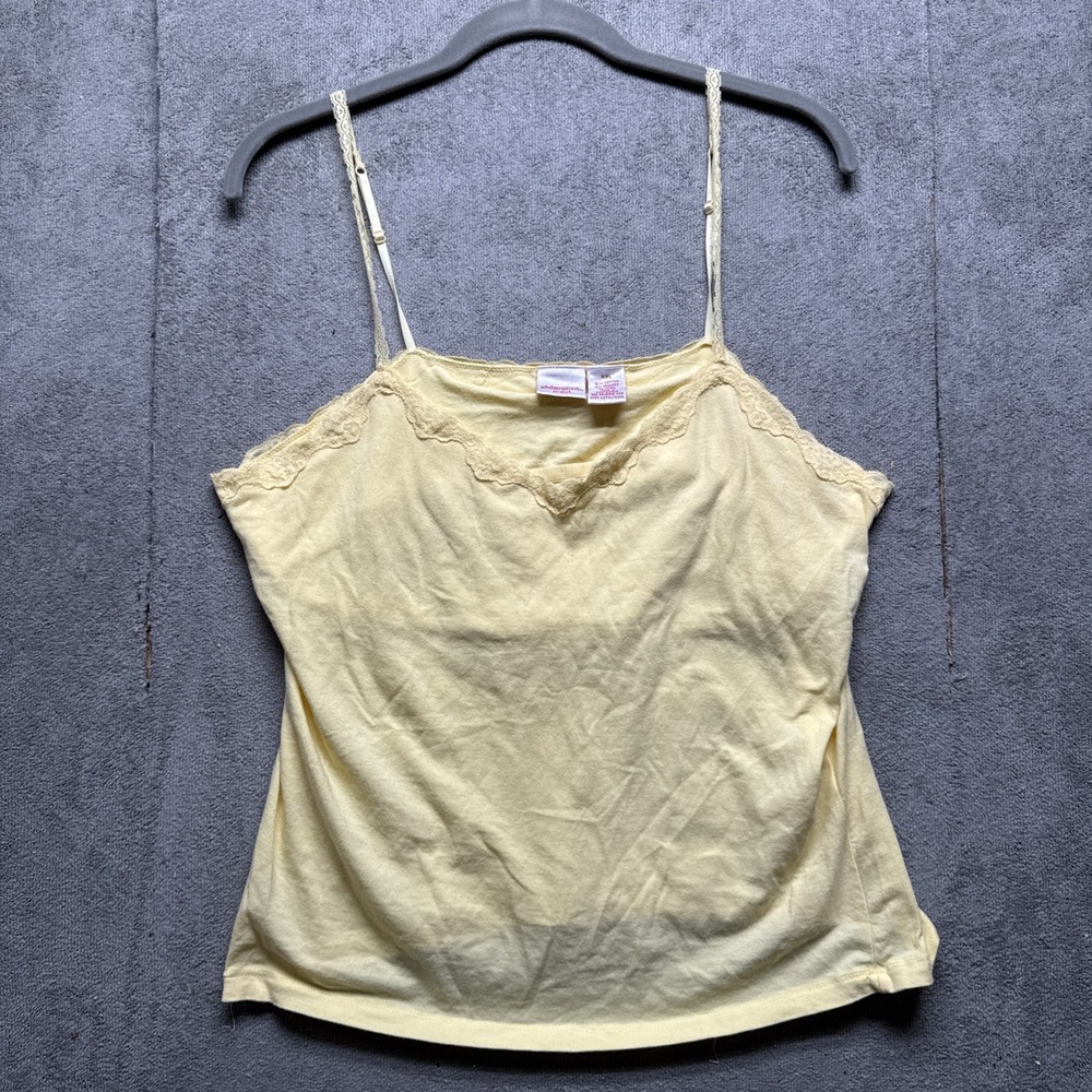 Vtg Y2K Babydoll Tank Top Womens XXL‎ Butter Yellow Strappy Shirt Lace Trim